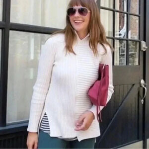 CAbi Women's Small D Ring Pullover Ribbed Sweater Cream #3363 Asymmetrical Sm S